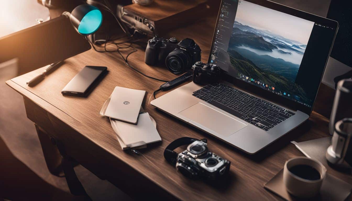 A desk with a laptop, internet router, and tech accessories. A desk with a laptop, internet router, and tech accessories.