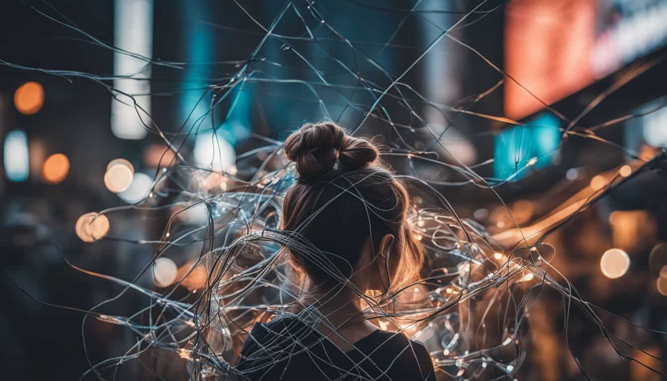 A network of wires and cables connecting devices in a cityscape. A network of wires and cables connecting devices in a cityscape.