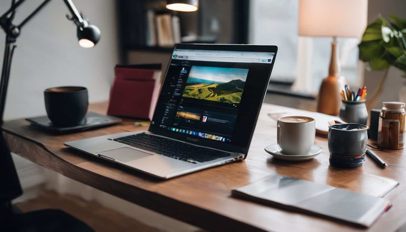 A laptop with Wi-Fi symbol surrounded by educational materials on desk. A laptop with Wi-Fi symbol surrounded by educational materials on desk.