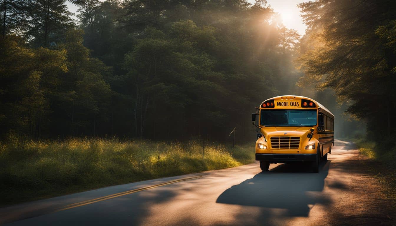 A rural school bus passing through a wooded area with no internet. A rural school bus passing through a wooded area with no internet.