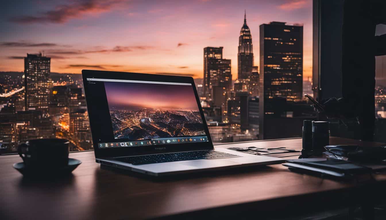 A laptop connected to a mobile hotspot against a city backdrop. A laptop connected to a mobile hotspot against a city backdrop.