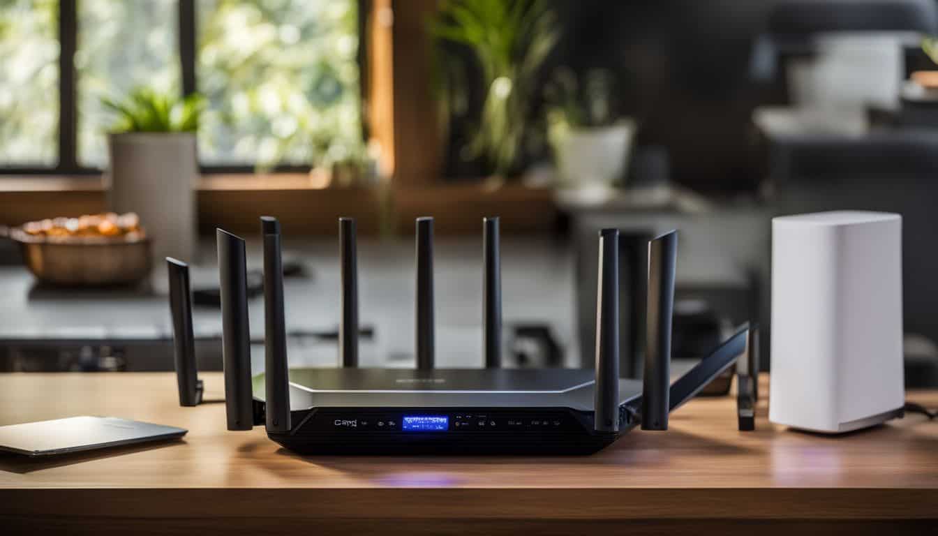 A router surrounded by various devices in a cozy second home. A router surrounded by various devices in a cozy second home.