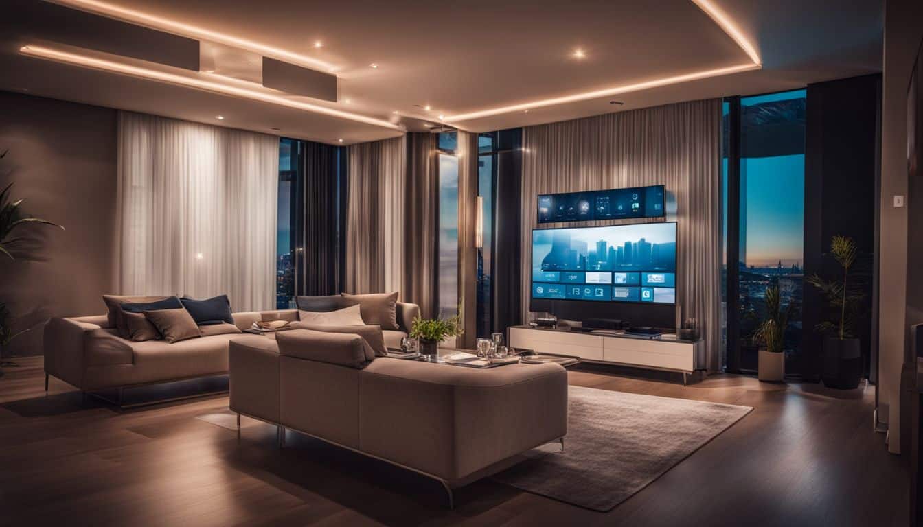 An illuminated smart home with connected devices controlling lighting, temperature, and security. An illuminated smart home with connected devices controlling lighting, temperature, and security.