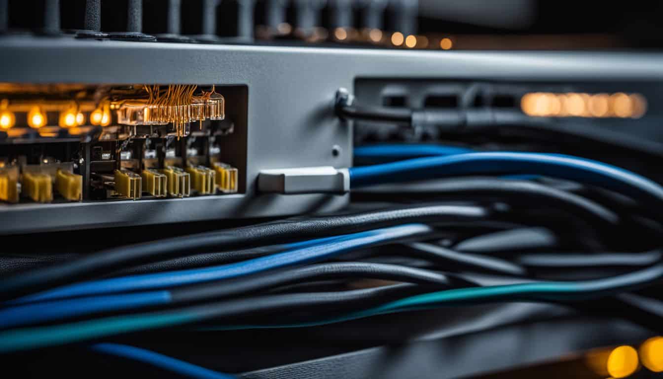 Photo of ADSL broadband wires connected to a fibre-optic cabinet surrounded by modern technology. Photo of ADSL broadband wires connected to a fibre-optic cabinet surrounded by modern technology.