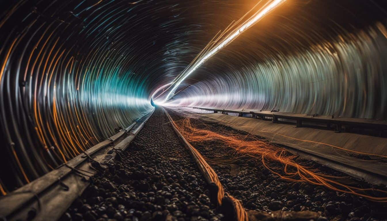 A detailed photo of a fibre optic cable in an underground tunnel. A detailed photo of a fibre optic cable in an underground tunnel.