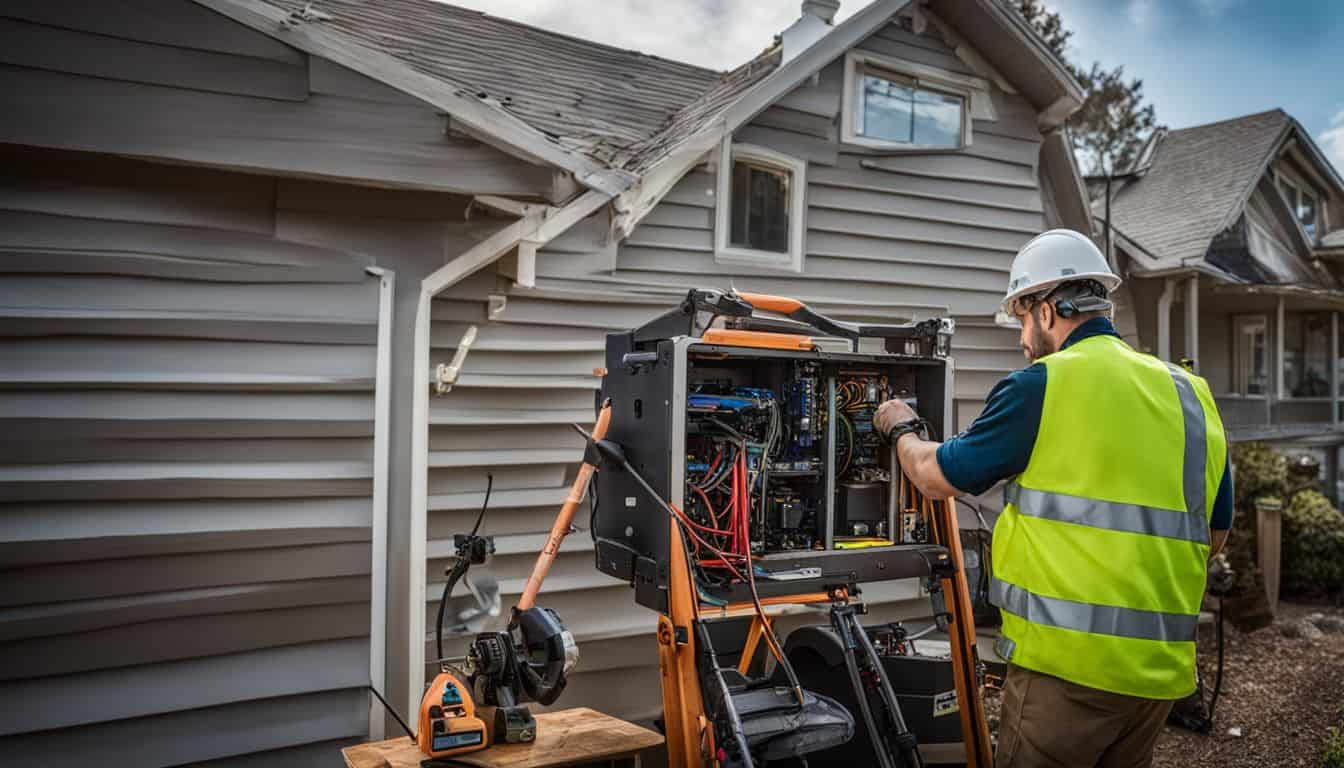 A technician installing a broadband cable outside a house with tools and safety equipment. A technician installing a broadband cable outside a house with tools and safety equipment.