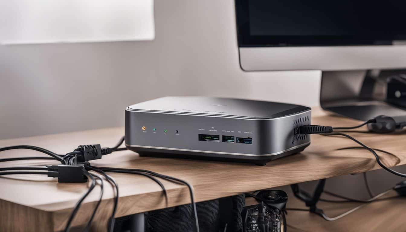 A photo of a modem and router connected, on an organized desk. A photo of a modem and router connected, on an organized desk.