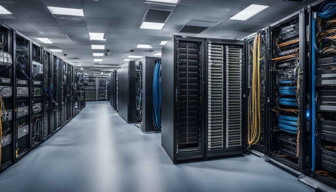 A busy network server room with racks of hardware and cables. A busy network server room with racks of hardware and cables.