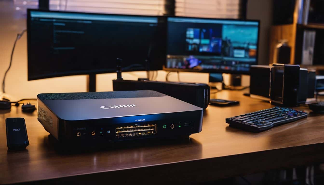 A modern setup of modem, router, and computer devices. A modern setup of modem, router, and computer devices.