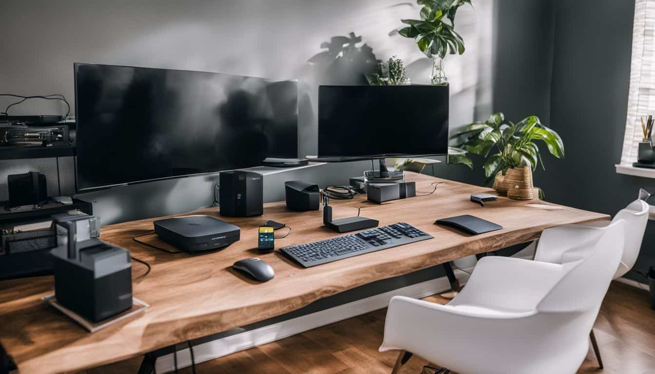A modern home office setup with digital devices and high-speed internet equipment. A modern home office setup with digital devices and high-speed internet equipment.