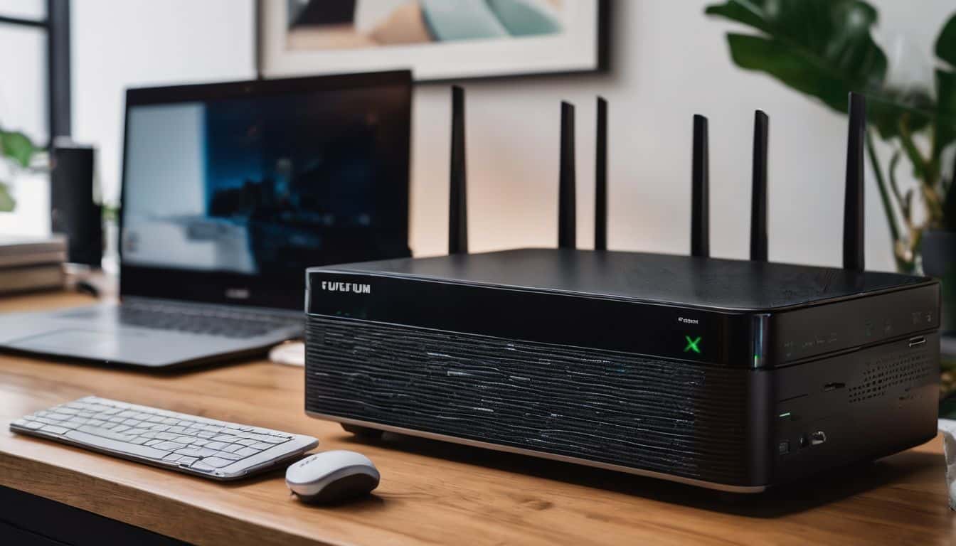 A close-up of a high-speed modem and router with multiple connected devices in a modern home office. A close-up of a high-speed modem and router with multiple connected devices in a modern home office.
