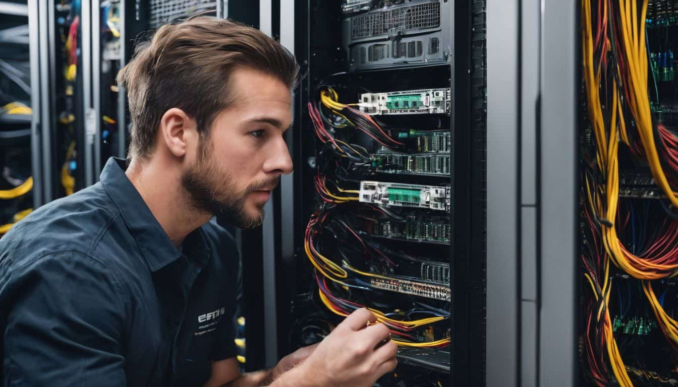 Technician fixing broadband wiring in a server room. Technician fixing broadband wiring in a server room.