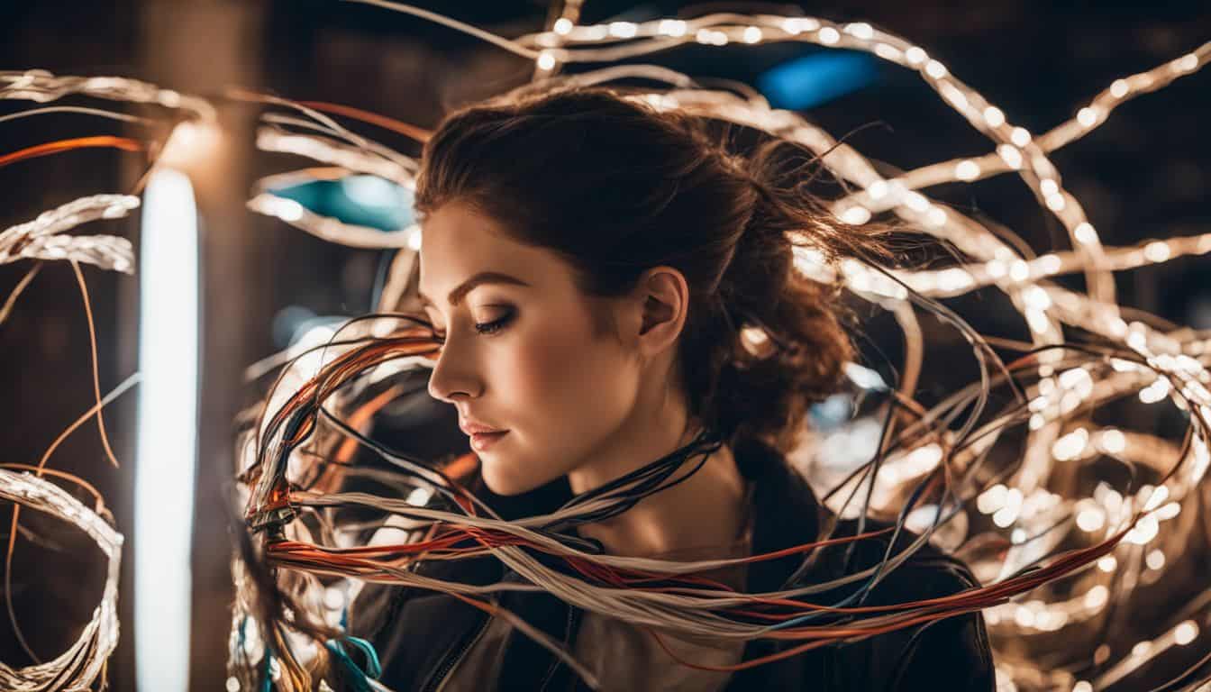 A chaotic tangle of wires resembling a labyrinth. A chaotic tangle of wires resembling a labyrinth.