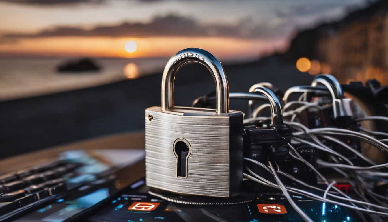 A padlock surrounded by technology, symbols, and various people's faces. A padlock surrounded by technology, symbols, and various people's faces.