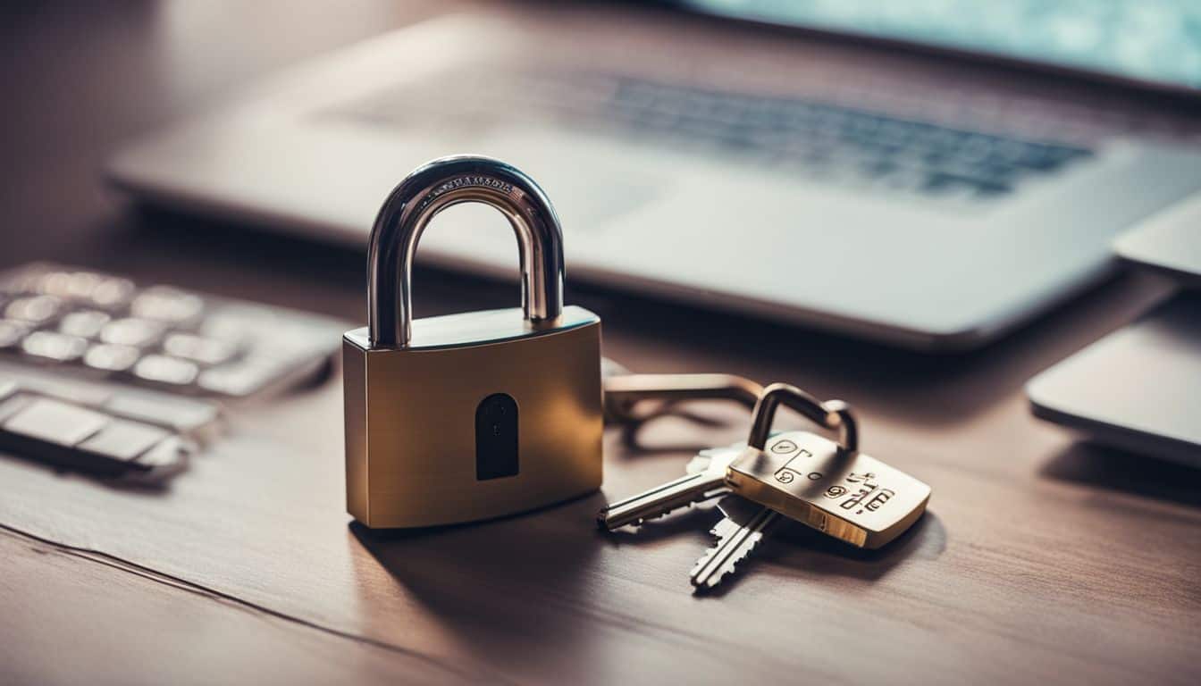 Closed padlock with digital security symbol surrounded by various elements. Closed padlock with digital security symbol surrounded by various elements.