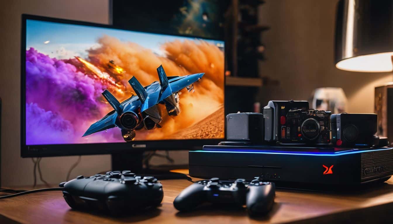 A gaming setup with console, accessories, and high-speed internet connection. A gaming setup with console, accessories, and high-speed internet connection.