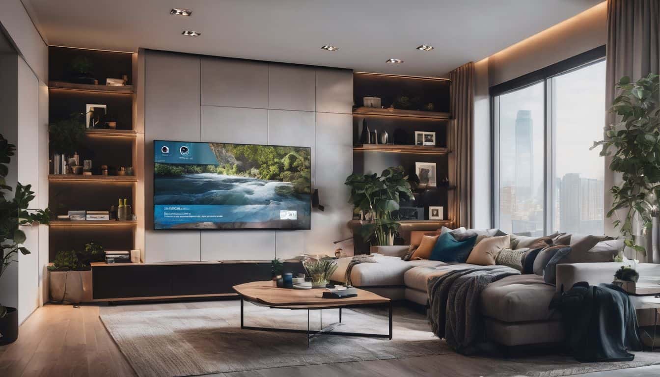 A smart home with connected devices in a bustling cityscape. A smart home with connected devices in a bustling cityscape.