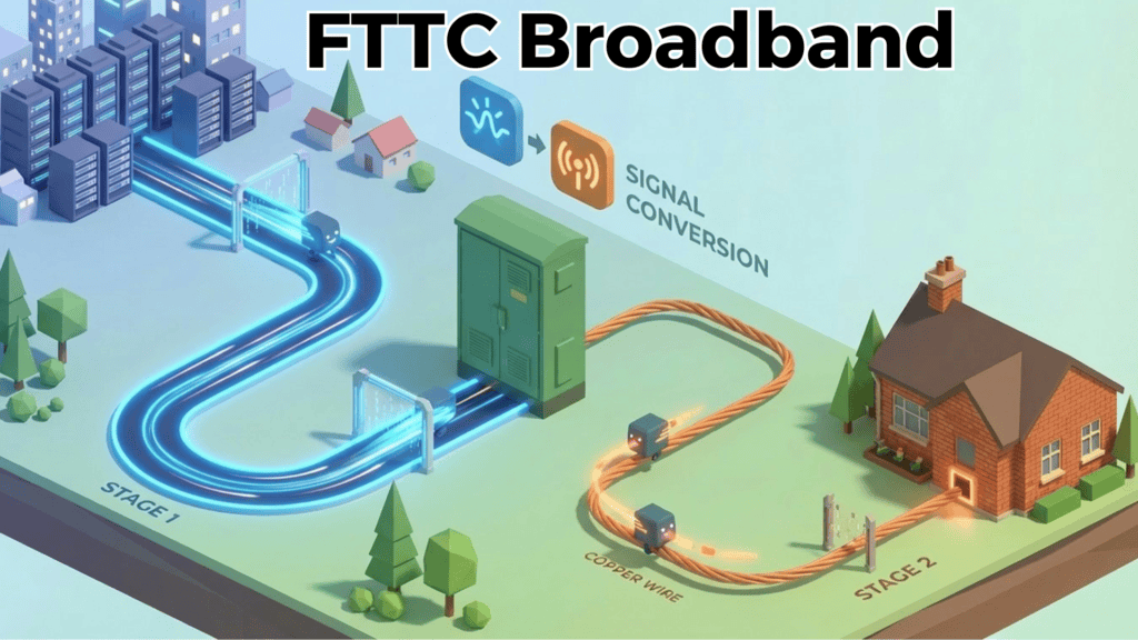 High-speed fibre optic cable connected to a green junction box, illustrating signal conversion from fibre to copper wire for FTTC broadband services.