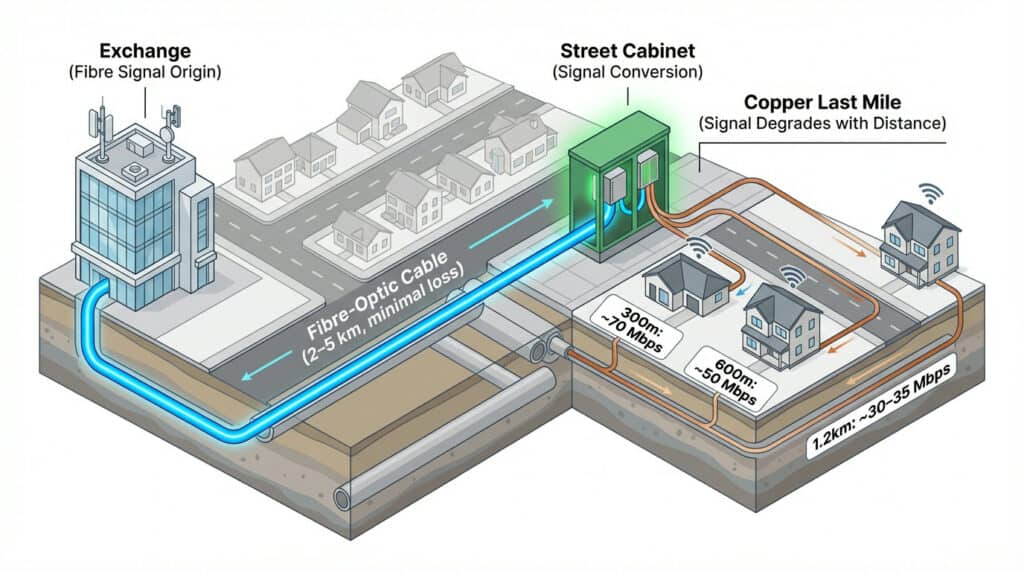 High-speed fibre optic broadband network infrastructure diagram showing exchange, street cabinet, and home connections for optimal internet speeds.